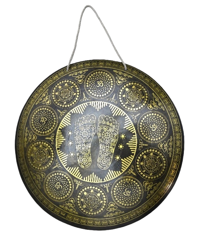 Home handcrafted wind gong buddhapāda (sanskrit for "feet of the buddha"), with sacred om symbols