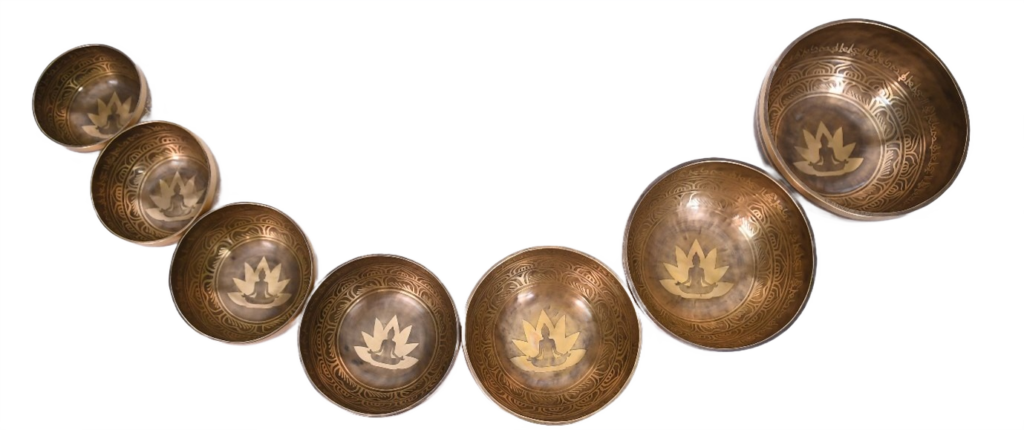 budha with tibetan script handmade full moon 7 chakra singing bowls set