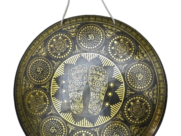 handcrafted wind gong buddhapāda (sanskrit for "feet of the buddha"), with sacred om symbols