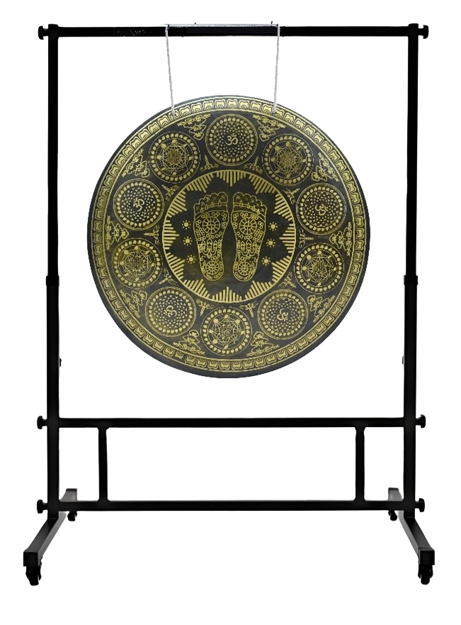 handcrafted wind gong buddhapāda (sanskrit for "feet of the buddha"), with sacred om symbols handcrafted wind gong buddhapāda (sanskrit for "feet of the buddha"), with sacred om symbols
