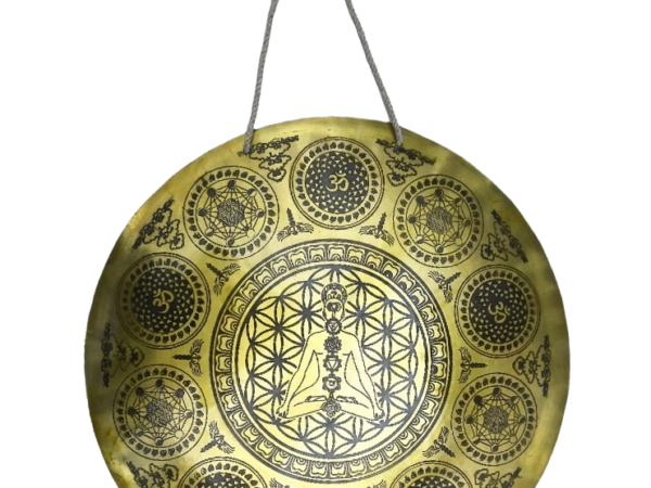 handcrafted wind gong meditating buddha with 7 chakra and om symbols