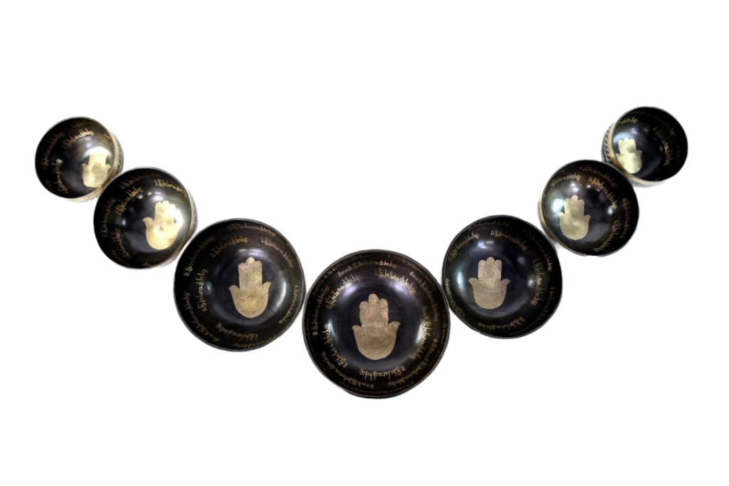 hamsa hand with sacred om mani padme hum mantra, 7 chakra singing bowls set